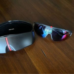 PRADA SPORT 03XS DG008F Mens Large Wraparound Visor Sunglasses BLACK RED MIRROR
